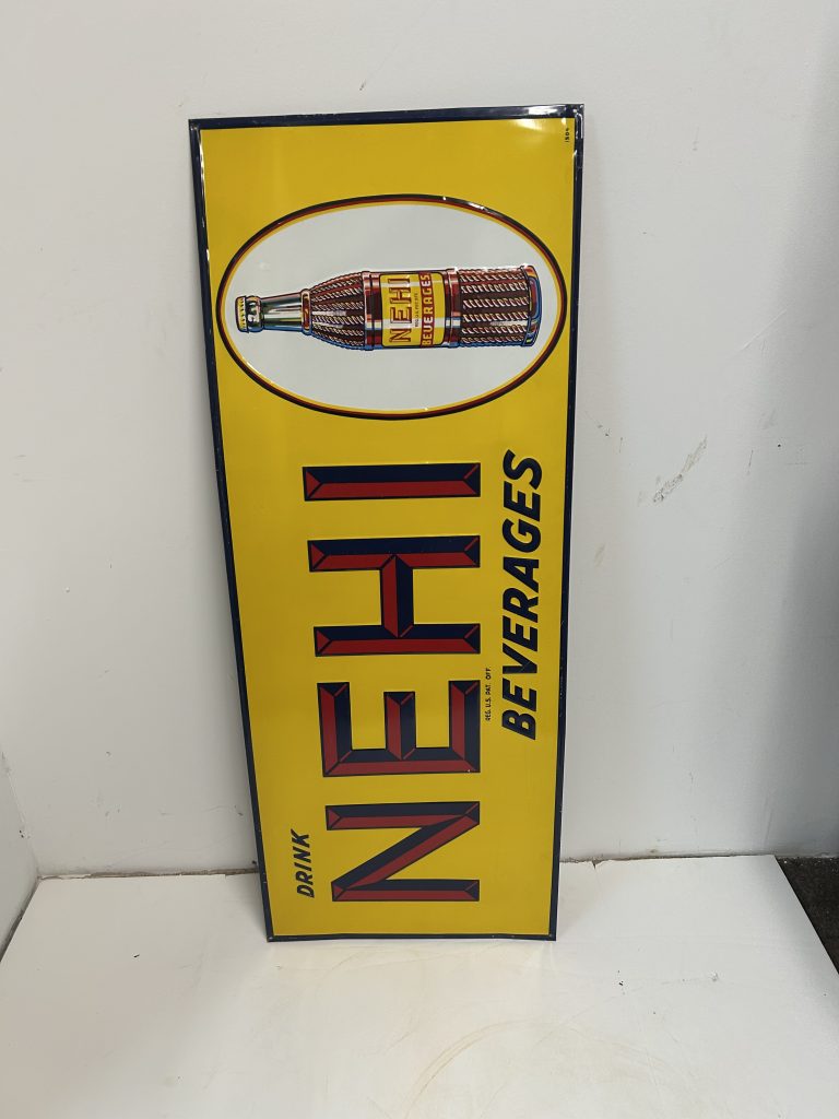Drink Nehi Beverages Vintage Sign yellow with red and black letters