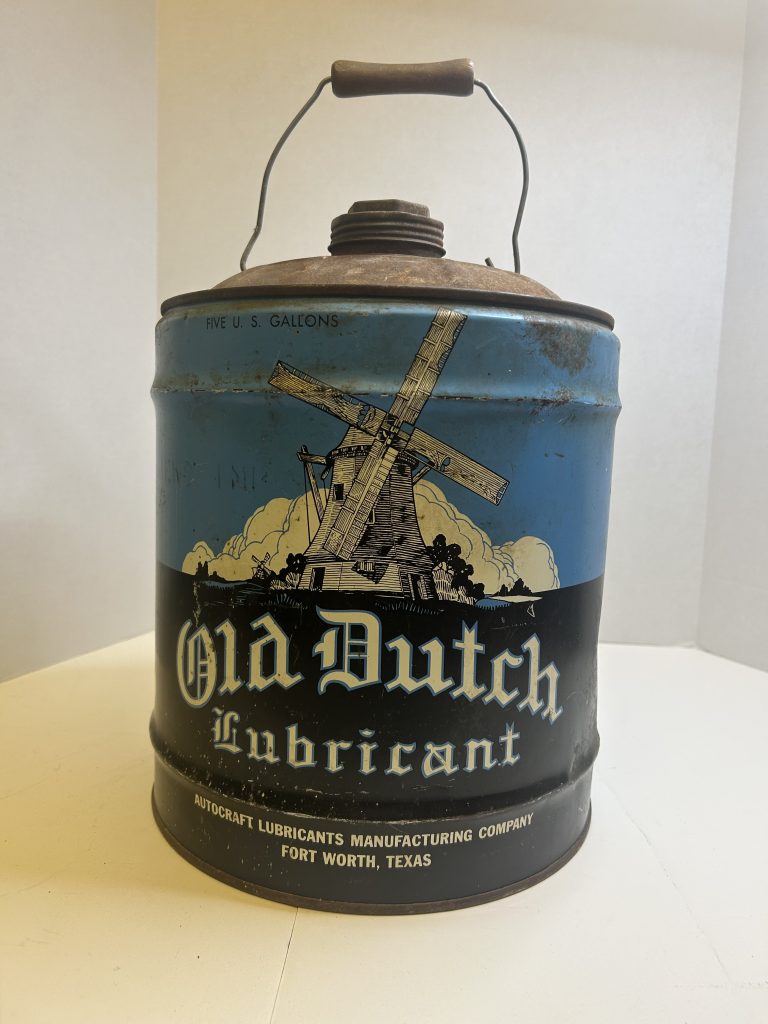 Old Dutch 5-gallon oil can vintage blue with windmill