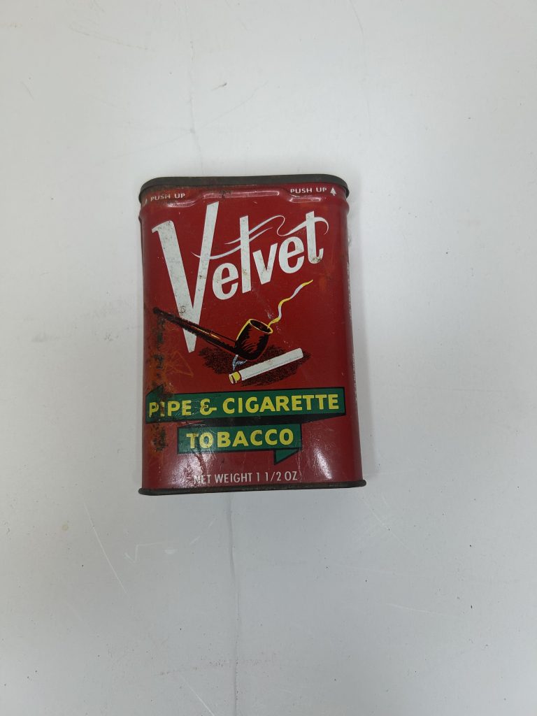 Vintage Velvet pipe and cigarette tobacco tin red white lettering
