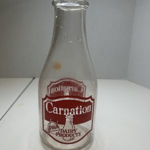 1947 Carnation glass milk bottle red and white