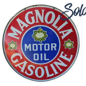 Magnolia 3-bloom double sided porcelain sign 1920s 42 inch round